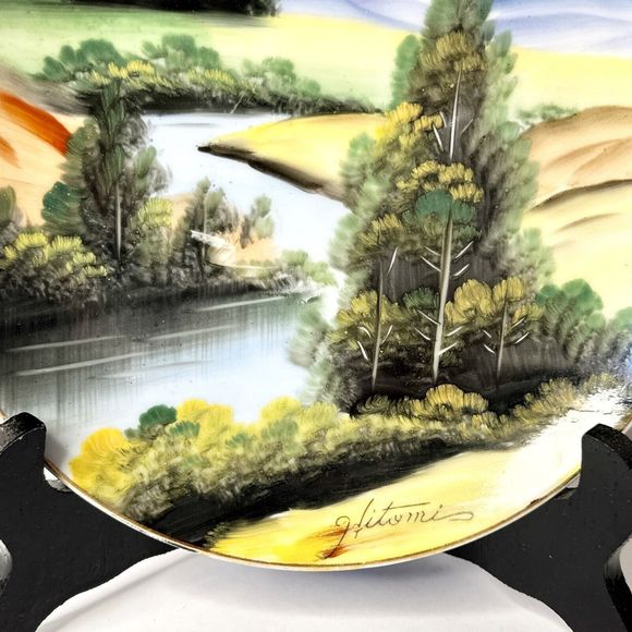 7” Hand Painted Hitomi Plate Scenery Landscape Japan Kitchen Decor Dining - Picture 5 of 9